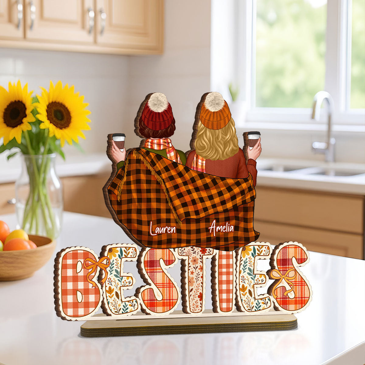 Cozy Besties Sisters In Blanket Sitting On Text Personalized Standing Wooden Plaque, Fall Season Decor