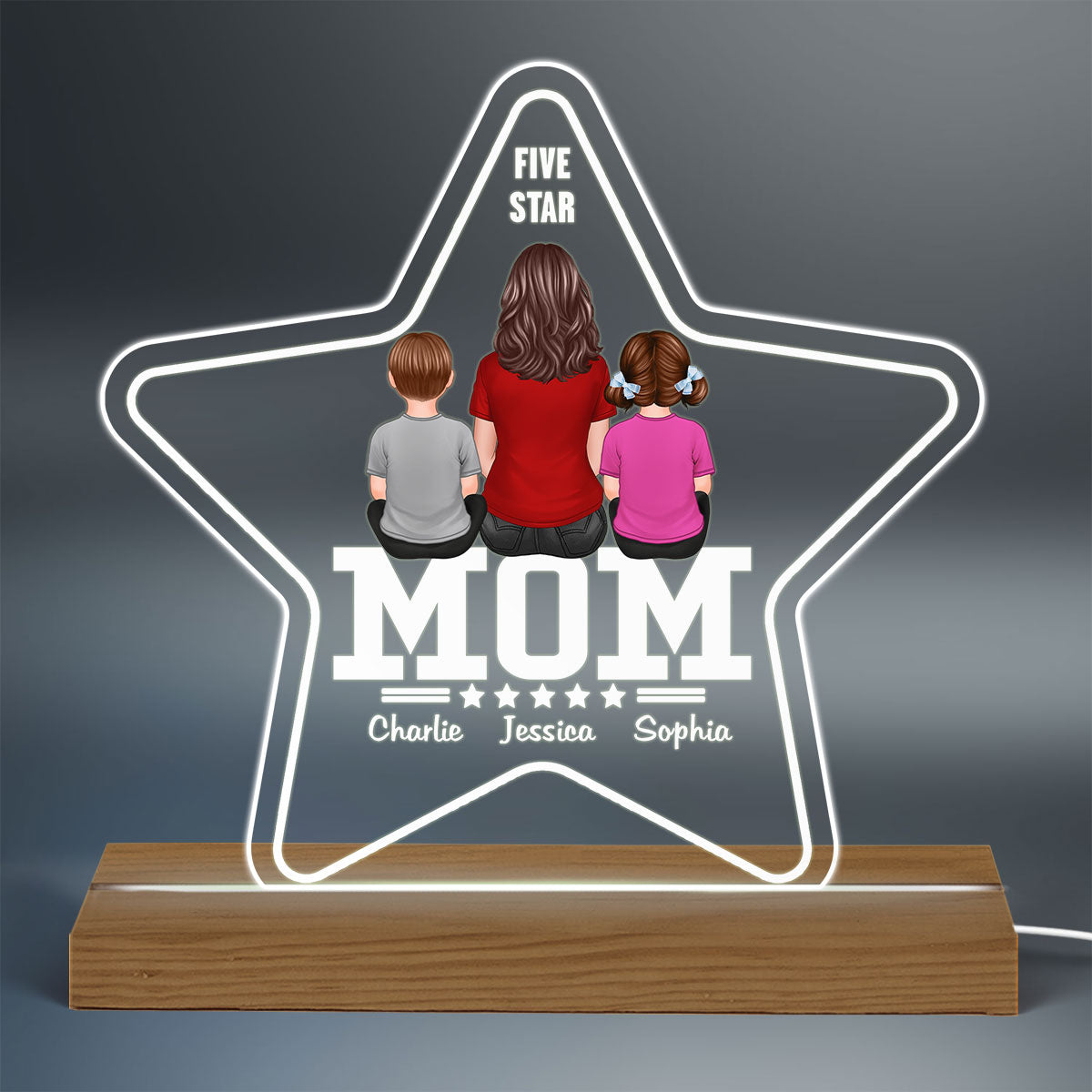 Five - Star Mom Back View Mom And Kids Personalized Acrylic Custom Shape LED Night Light
