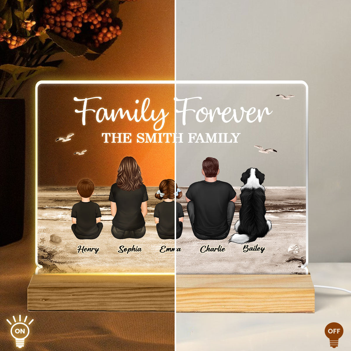 Retro Vintage Family Sitting Beach Landscape Personalized Custom Shape Acrylic Plaque LED Night Light