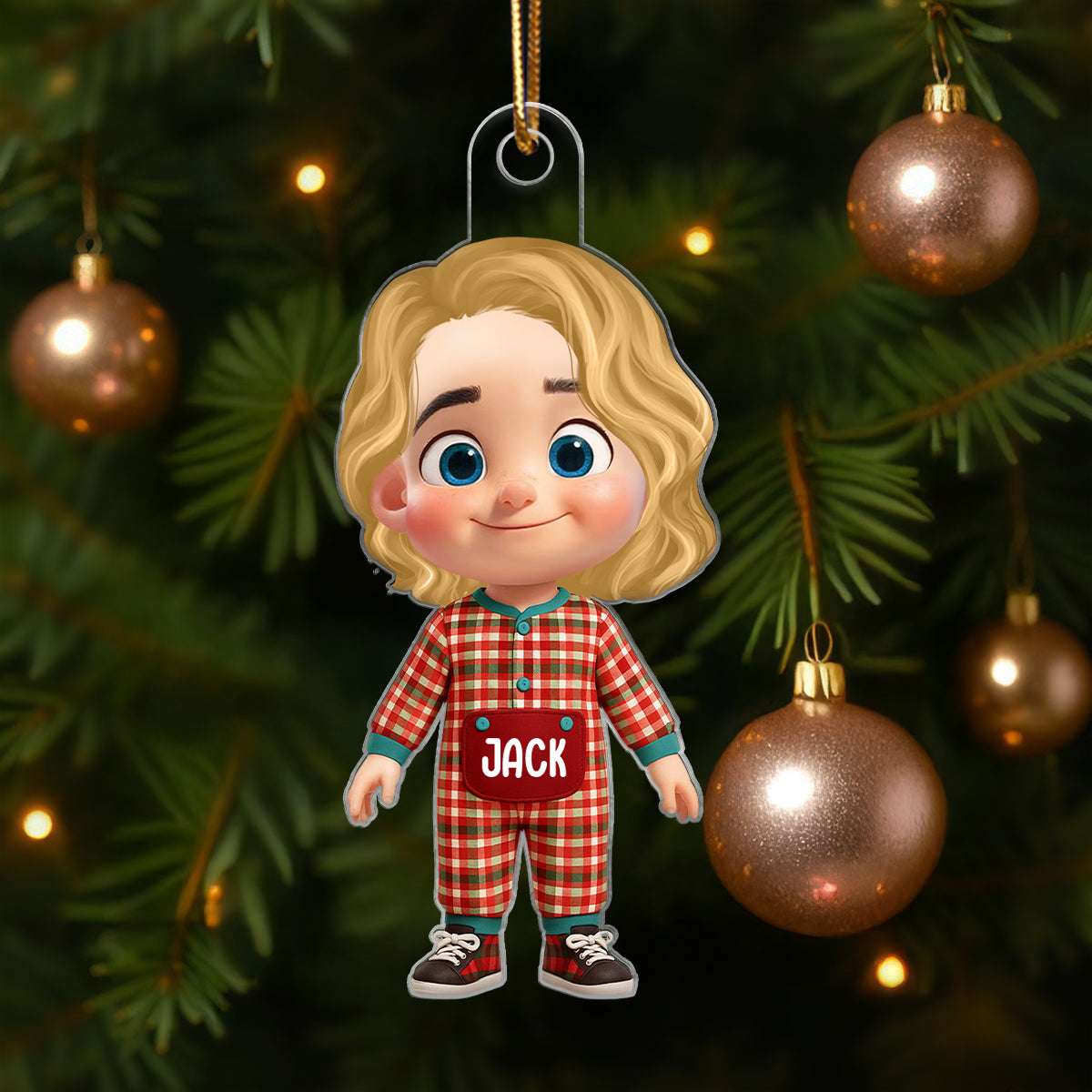 Cute Kids Pajama Personalized Christmas Ornaments, Christmas Gift for Kids, Grandkids, Plaid pajamas