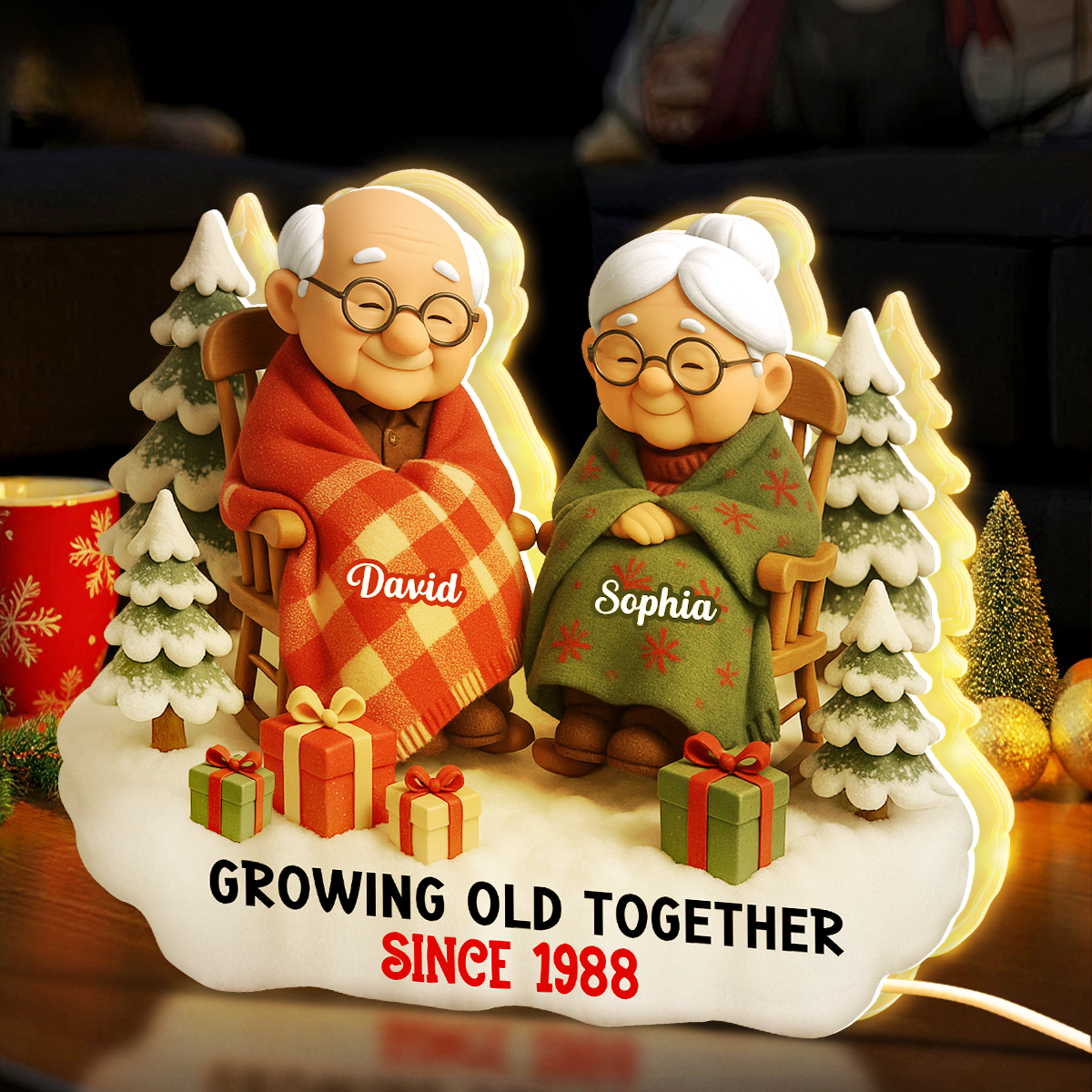 Cozy Elderly Couple Sitting Together - Personalized Light Box - Heartwarming Christmas Gift for him, Gift for her