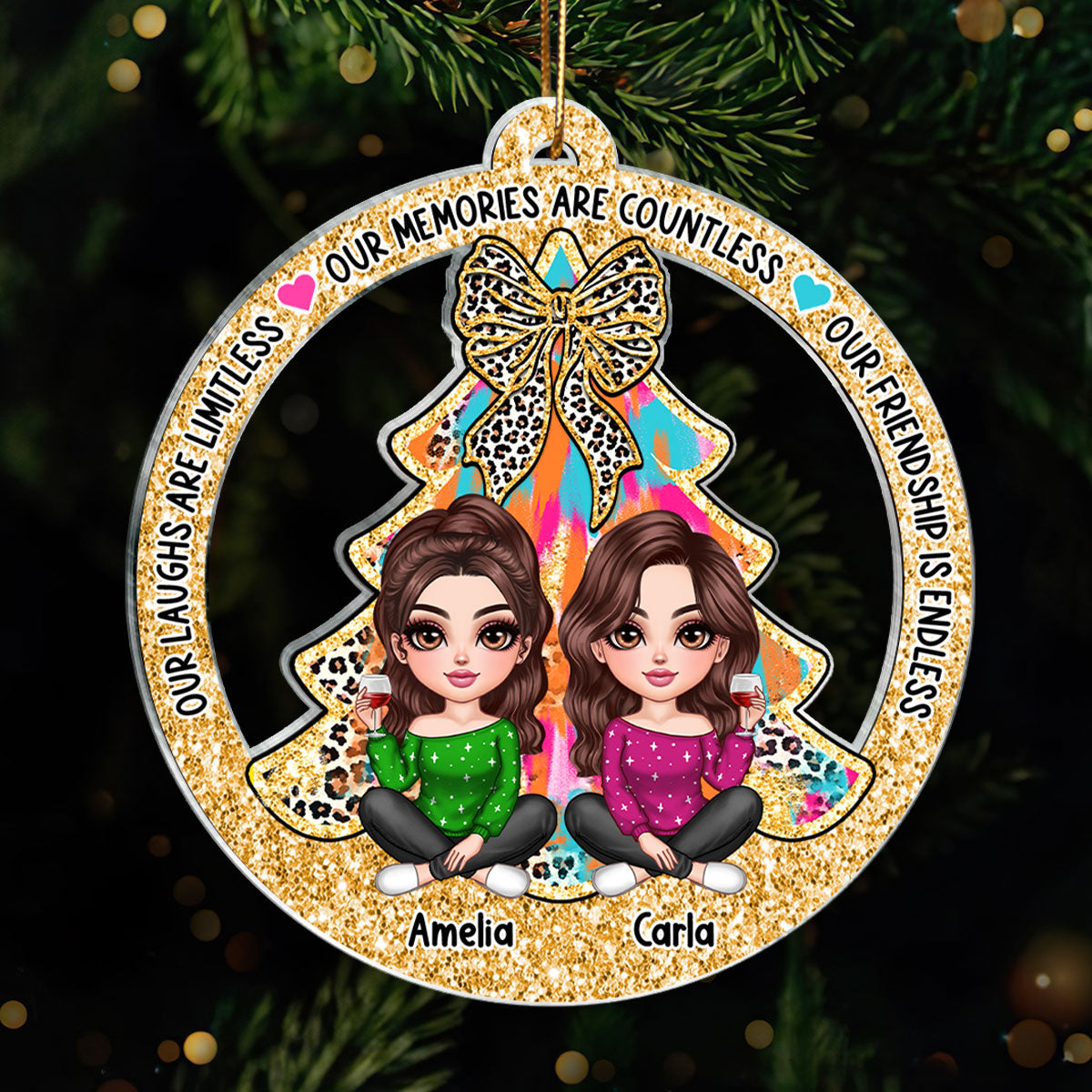 Colorful Christmas Tree Lovely Besties Personalized Acrylic Ornament, Christmas Gift For Best Friends