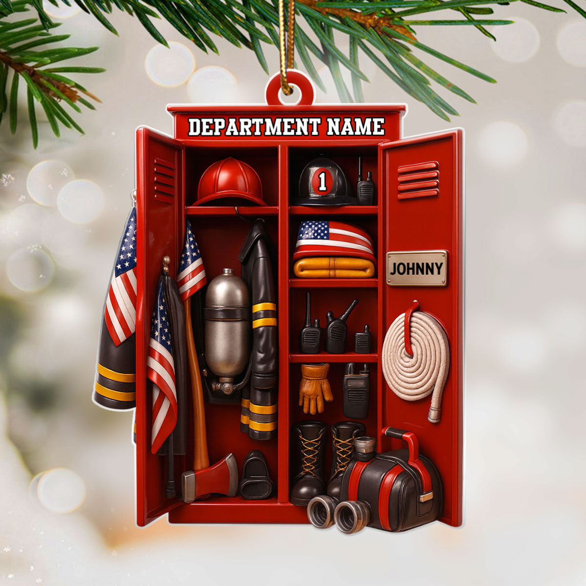 Custom Name & Department Firefighter Locker – Personalized Acrylic Ornament – Christmas Tree Decor for Firemen or First Responders