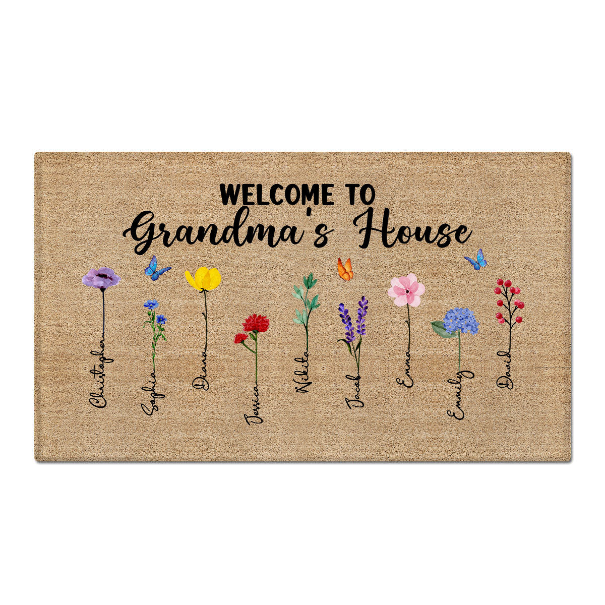 Welcome To Grandma Nana House Watercolor Birth Flowers Personalized Doormat