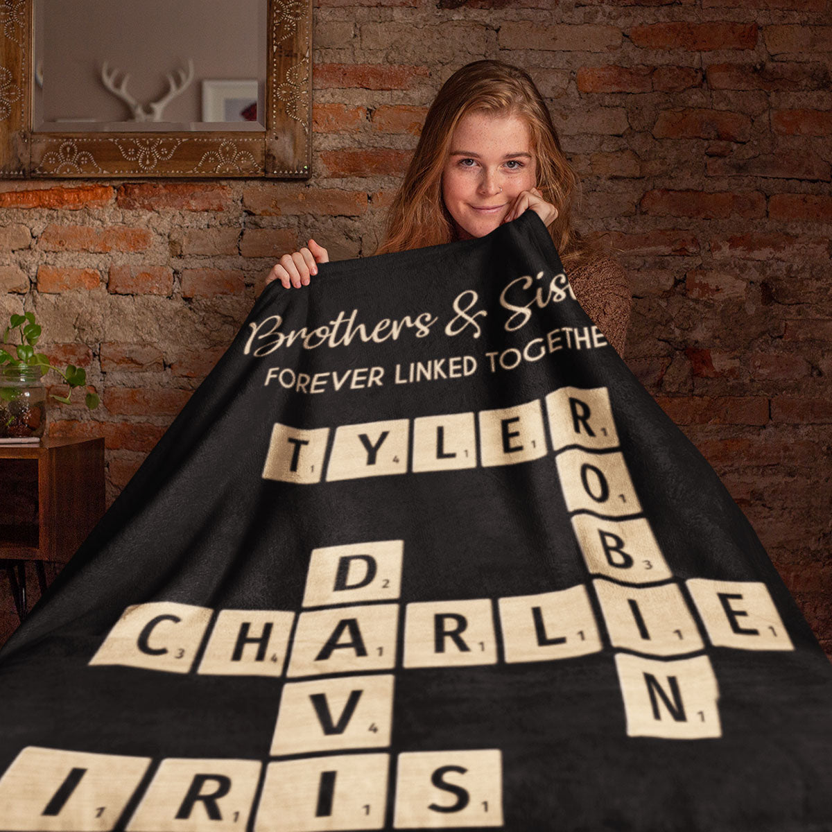 Brothers & Sisters Forever Linked Together Crossword Puzzle Art Personalized Blanket, Gift For Brothers, Sisters, Siblings, Family