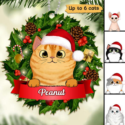 Cats Christmas Wreath Personalized Wooden Ornament