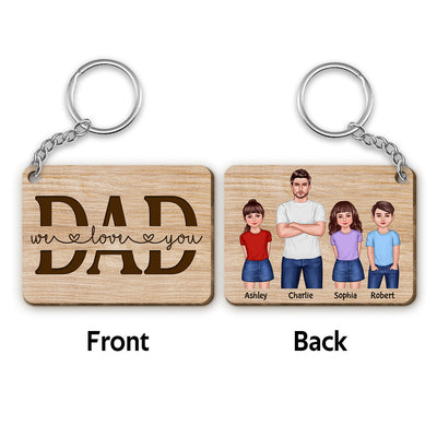 Dad And Kids Standing Front View Personalized Wooden Keychain