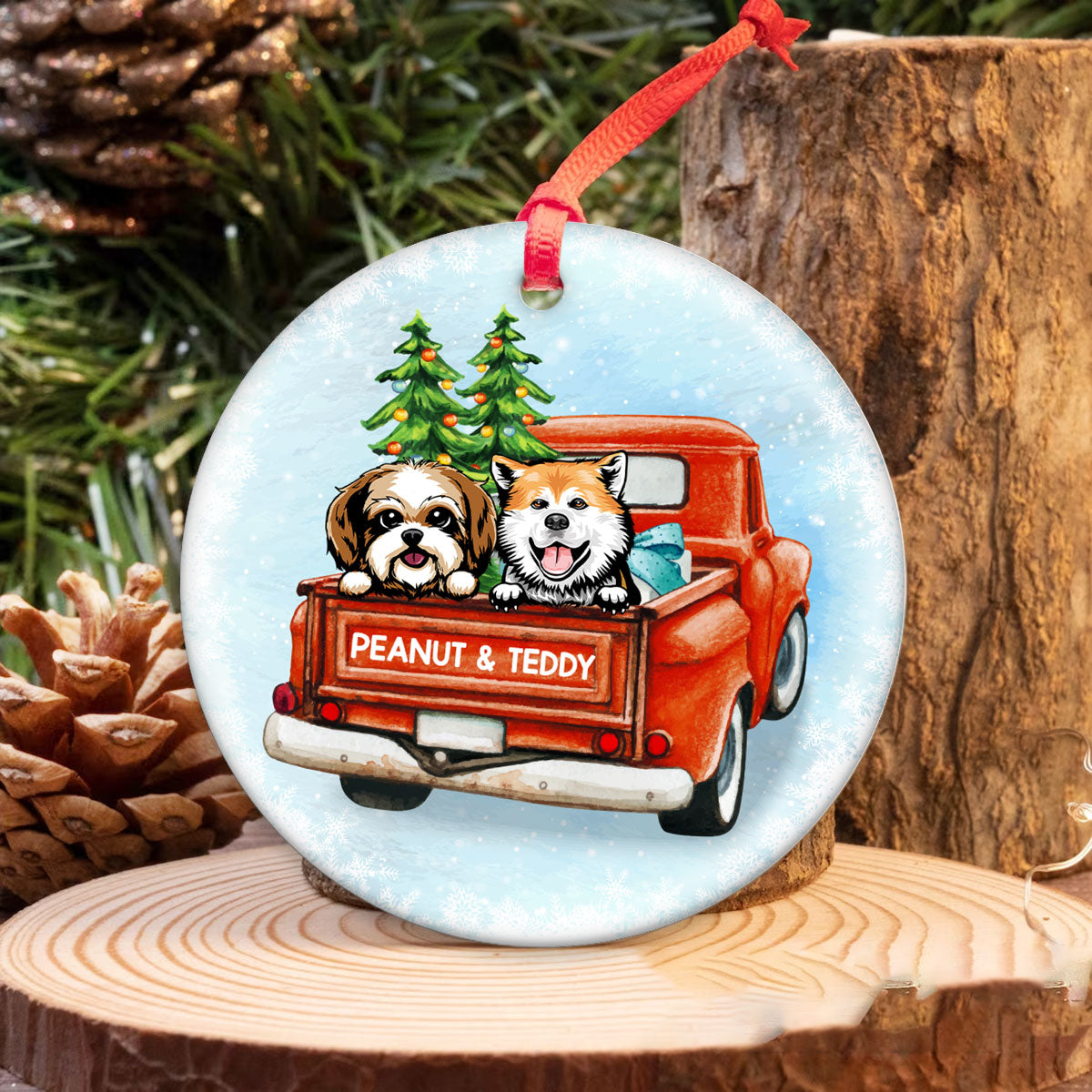 Peeking Dogs Red Truck Christmas Personalized Circle Ornament