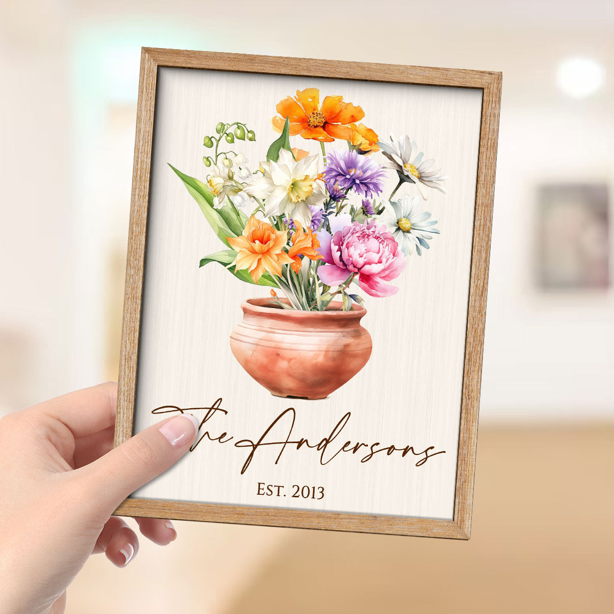 Family Beautiful Birth Flower Bouquet Home Decor Personalized 2-Layer Wooden Plaque