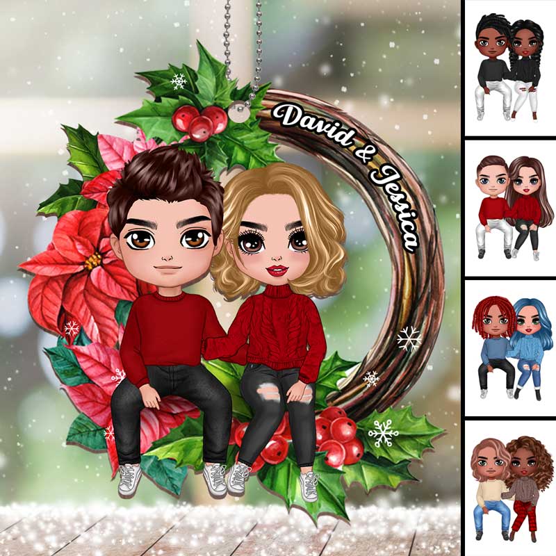 Couple Sitting On Christmas Wreath Personalized Wooden Ornament