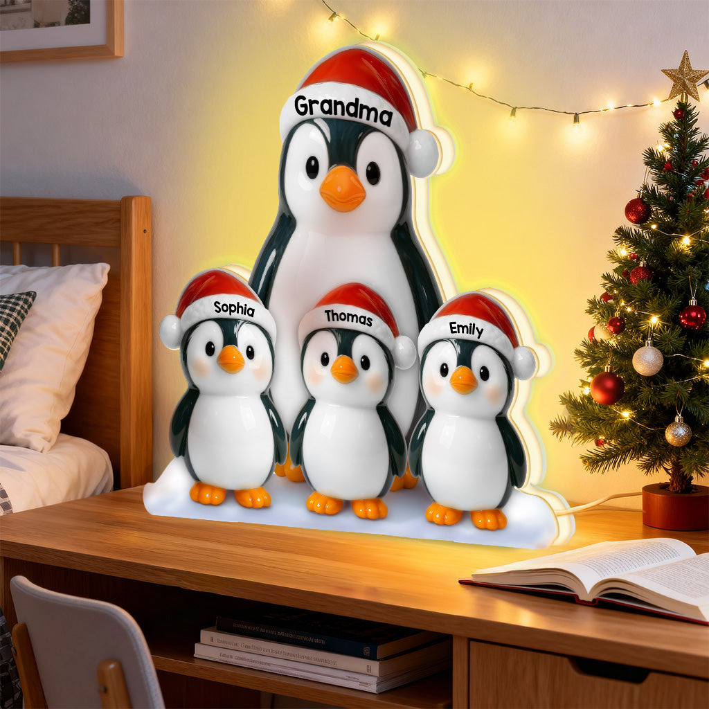 3D Effect Cute Christmas Penguins Grandma & Grandkids - Personalized Light Box