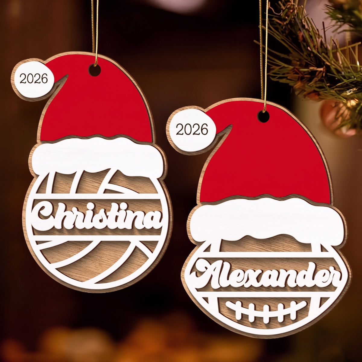 Sports Santa Hat With Name 2-Layered Wooden Ornament, Personalized Football Baseball Volleyball Basketball Soccer Ornament, Unique Christmas Gift For Kids