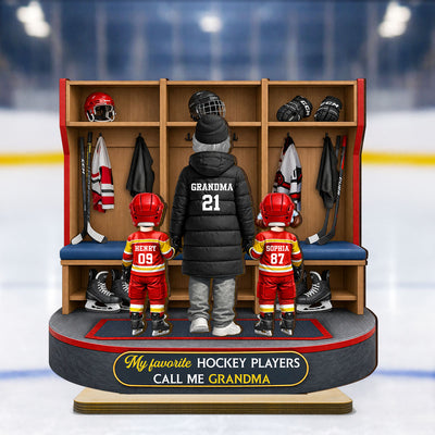 Hockey Grandma And Kids Locker Room - Personalized 2-Layered Wooden Plaque - Heartfelt Gift For Grandma