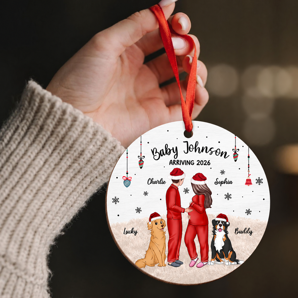 Pregnant Couple and Pet Keepsakes - Personalized Wooden Ornament - Christmas Gift