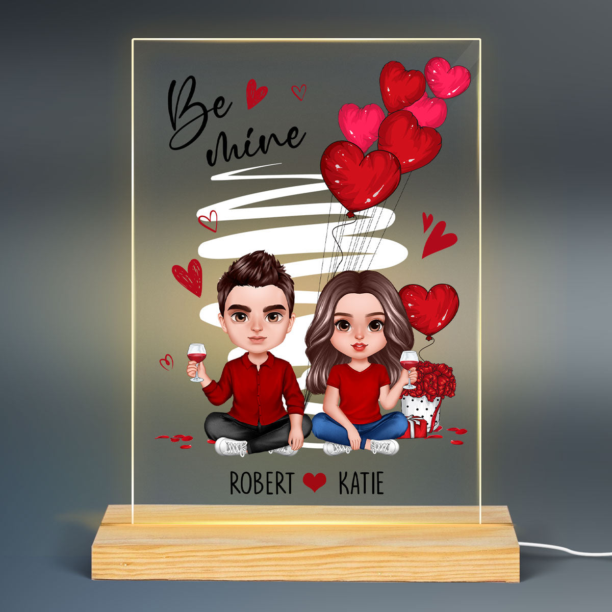 Be Mine Doll Couple Sitting Realistic Personalized Plaque LED Night Light