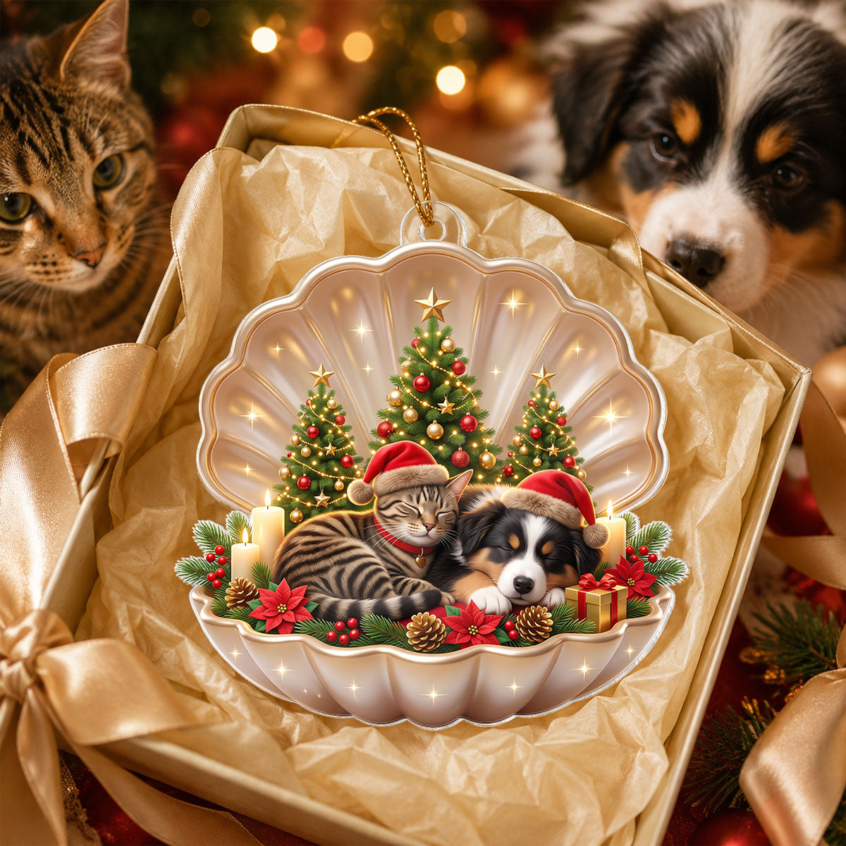 Dog Cat Sleeping in Pearl Shell - Personalized Acrylic Ornament - Christmas Gift for Pet Lovers