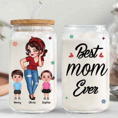 Best Mom Grandma Ever Pretty Woman & Kids Personalized Clear Glass Can