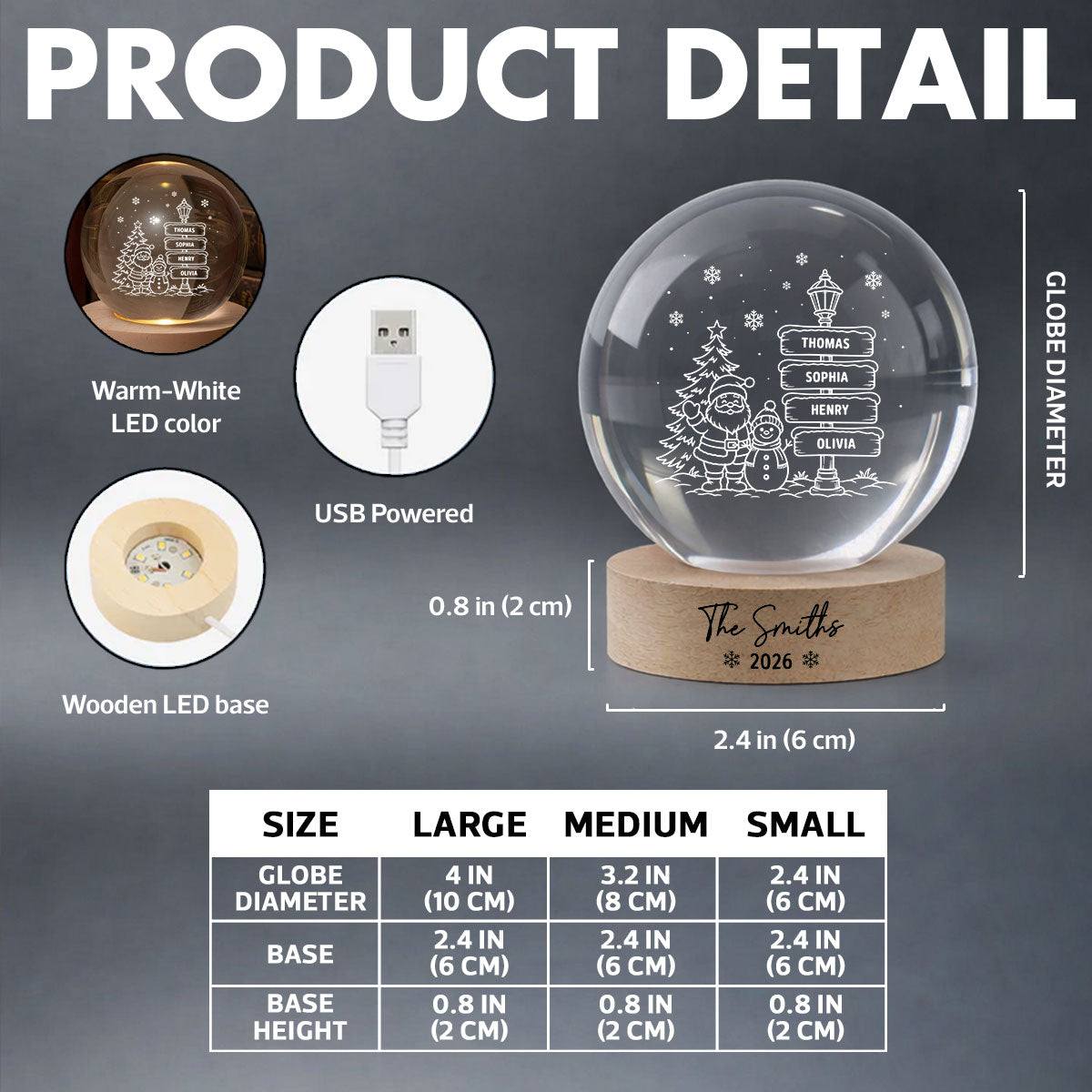 Joyful Christmas Custom Family Names - Personalized Crystal Ball LED Night Light - Gift For Family, Boy Girl
