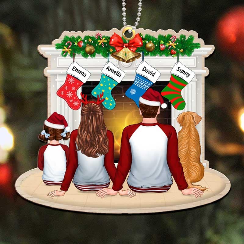 Pajamas Family Christmas Stockings Fireplace Personalize Wooden Ornament