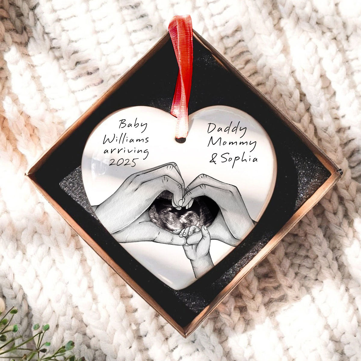 Pregnancy Baby Bump Christmas Tree Decoration, Last Christmas as a Family of 3, Baby Scan Photo Ceramic Ornament, Baby Arriving Next Year