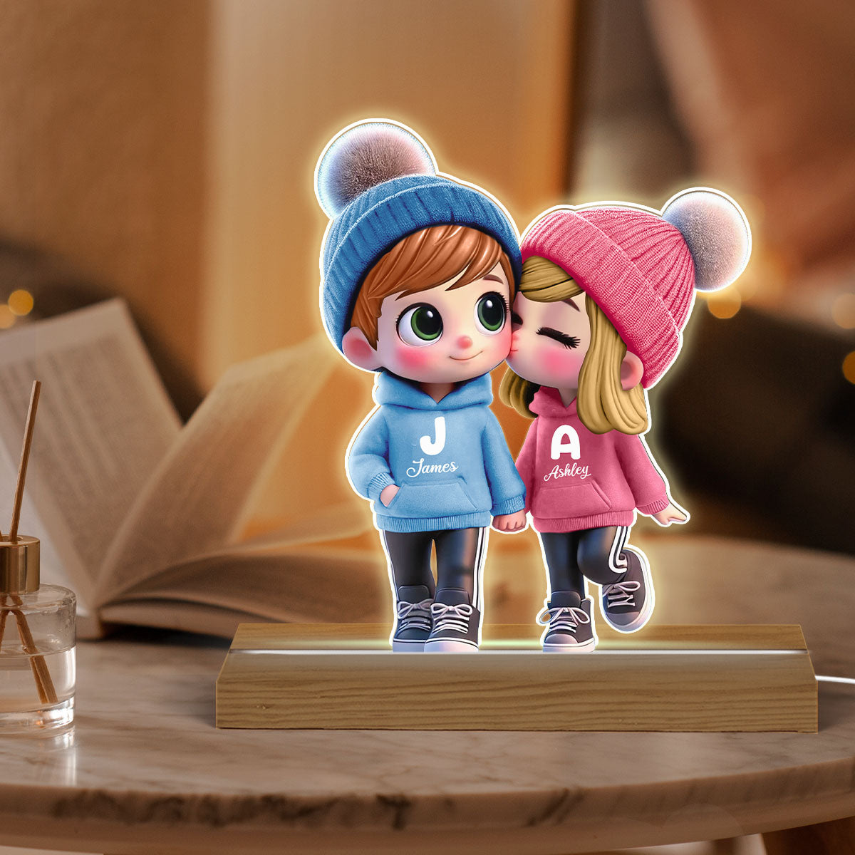 3D Effect Cute Cartoon Couple Walking Personalized Custom Shaped LED Night Light,  Gift for Him, Gift for Her