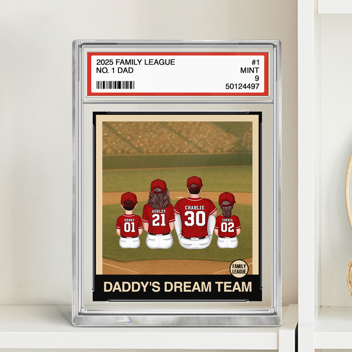Retro Baseball No. 1 Dad Man & Kids Sitting Trading Card Style Personalized Acrylic Block Plaque
