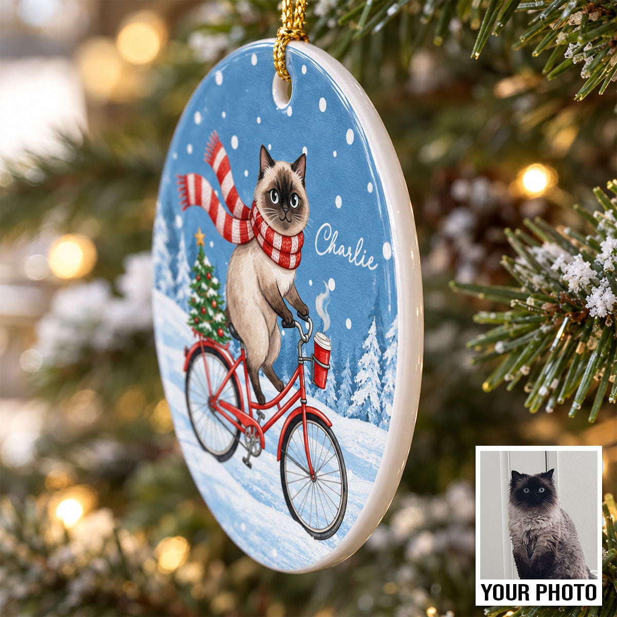 Cute Dog Cat Riding Bike In Snow Winter From Photo Uploaded - Personalized Ceramic Ornament - Christmas Gift For Dog Lovers, Pet Lovers