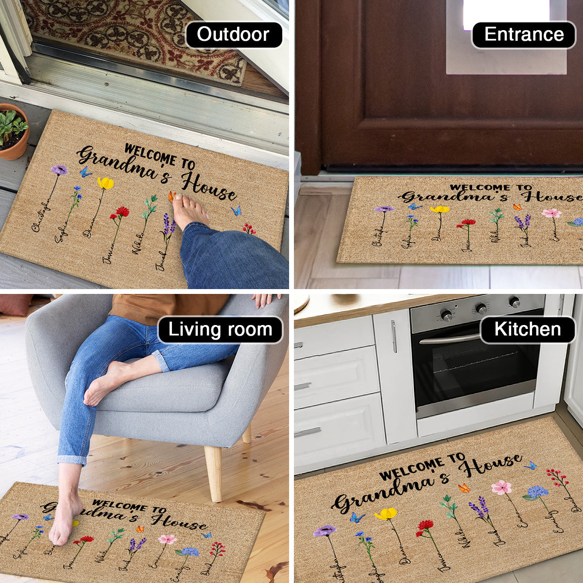 Welcome To Grandma Nana House Watercolor Birth Flowers Personalized Doormat
