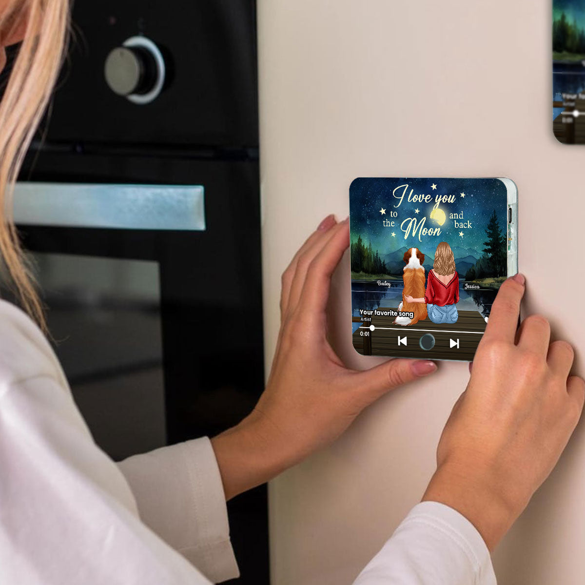 Woman And Dog I Love You To The Moon And Back Personalized Music Fridge Magnet, Heartfelt Gift For Couple, For Him, For Her, Boyfriend, Girlfriend, Husband, Wife
