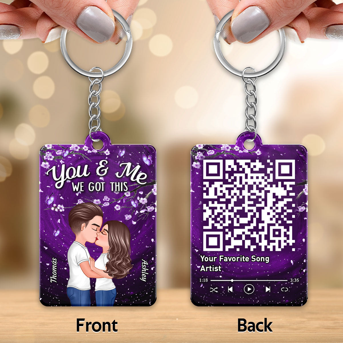 Purple Flowers Doll Couple Kissing Favorite Song QR Code Personalized Acrylic Keychain
