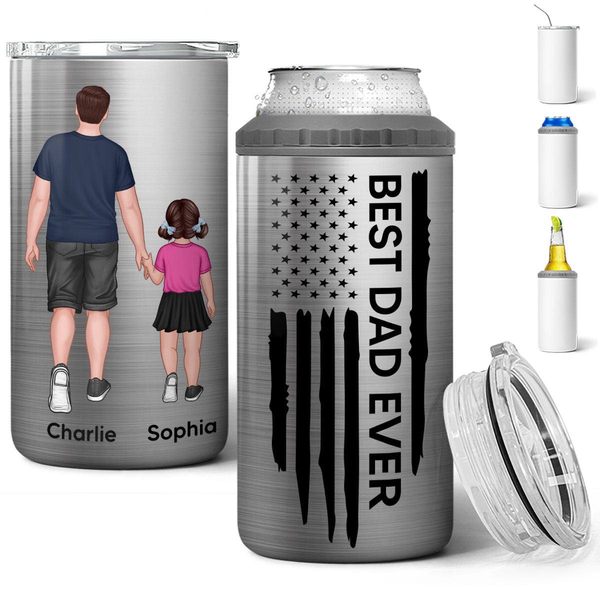 Best Dad Papa Grandpa Ever Nation Flag Man & Kids Walking Father‘s Day Gift For Husband Father Figures Personalized 4 In 1 Can Cooler