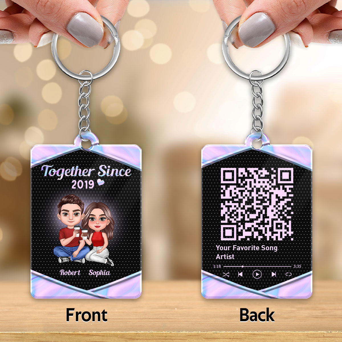 Doll Couple Sitting Together Galaxy Metal Texture Favorite Song QR Code Personalized Acrylic Keychain