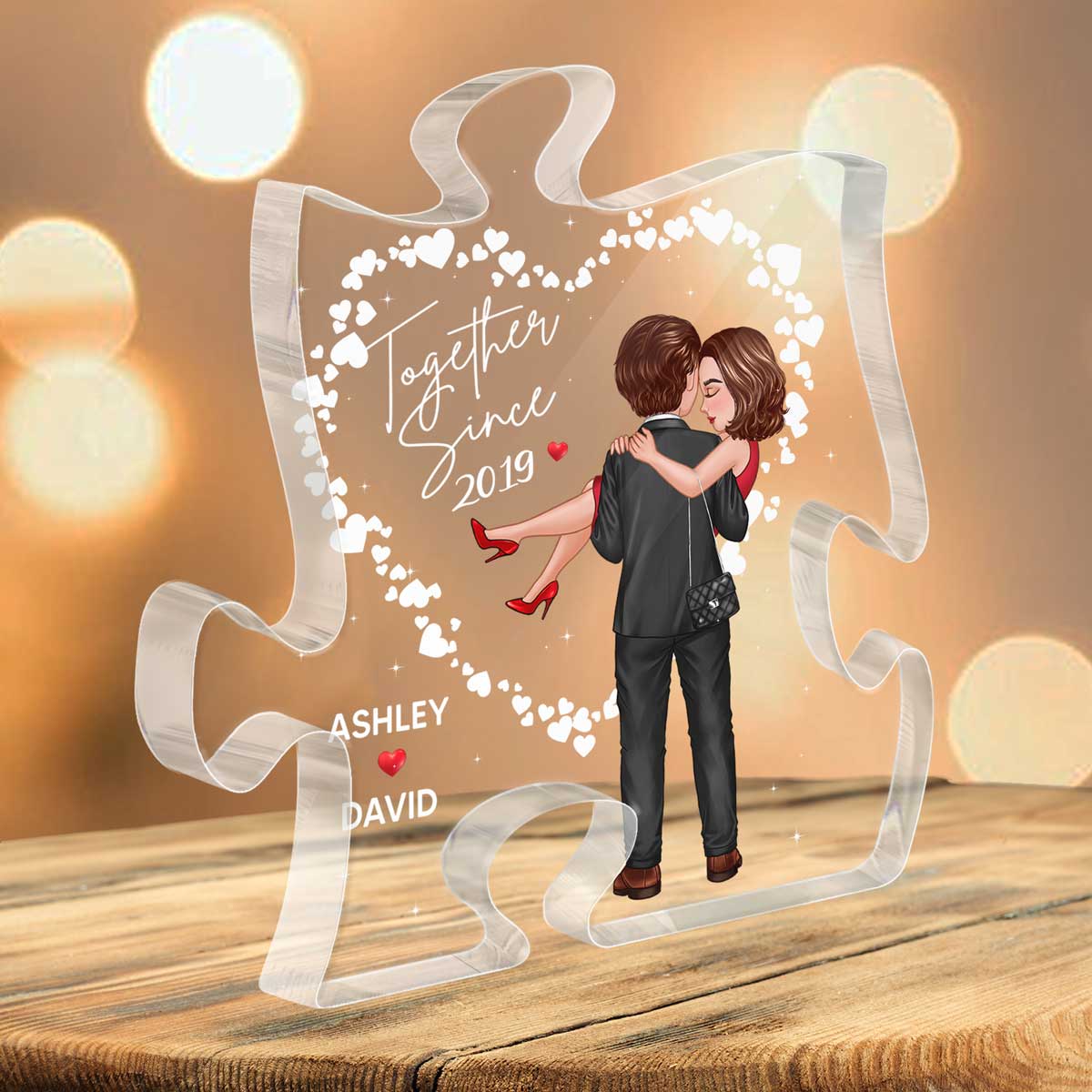 Hearts Embracing Hugging Doll Couple Personalized Acrylic Puzzle Plaque