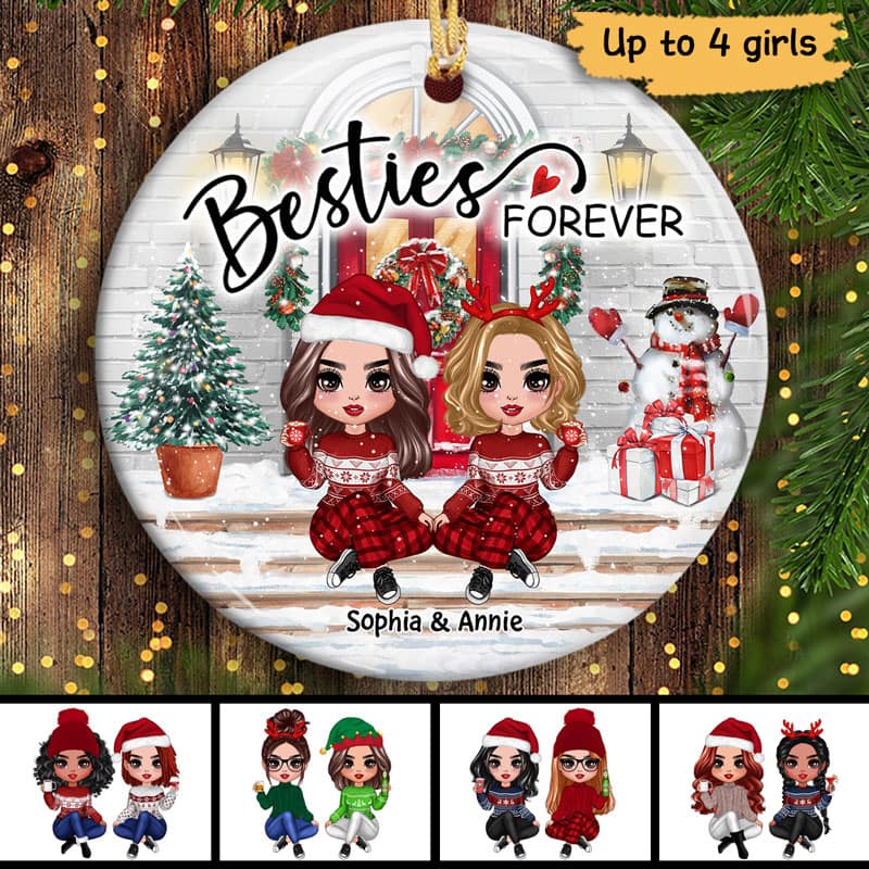 Christmas Best Friends Sisters Front Porch Personalized Circle Ornament