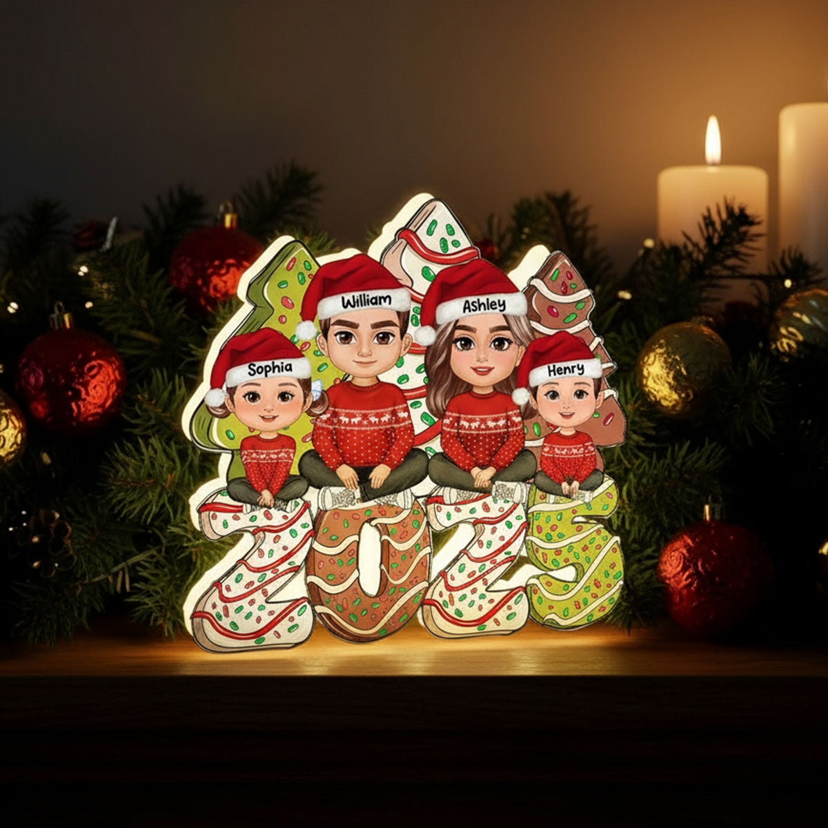 Christmas Tree Cake Family Personalized LED Light Box