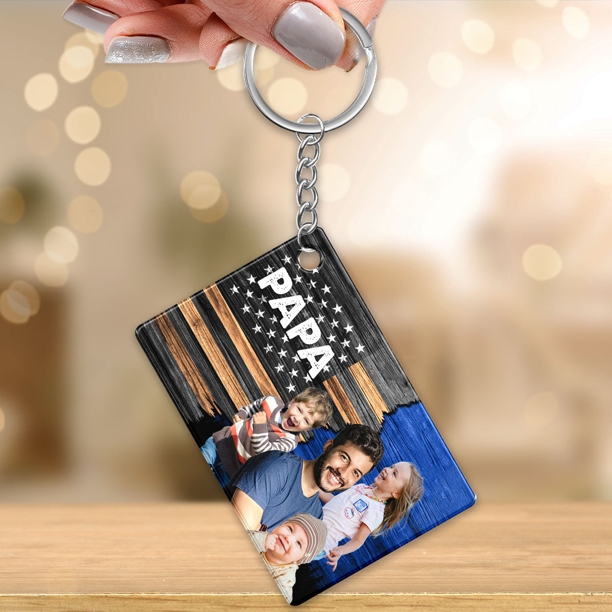 Nation Flag Father‘s Day Gift For Husband Dad Grandpa Photo Inserted Personalized Wooden Keychain