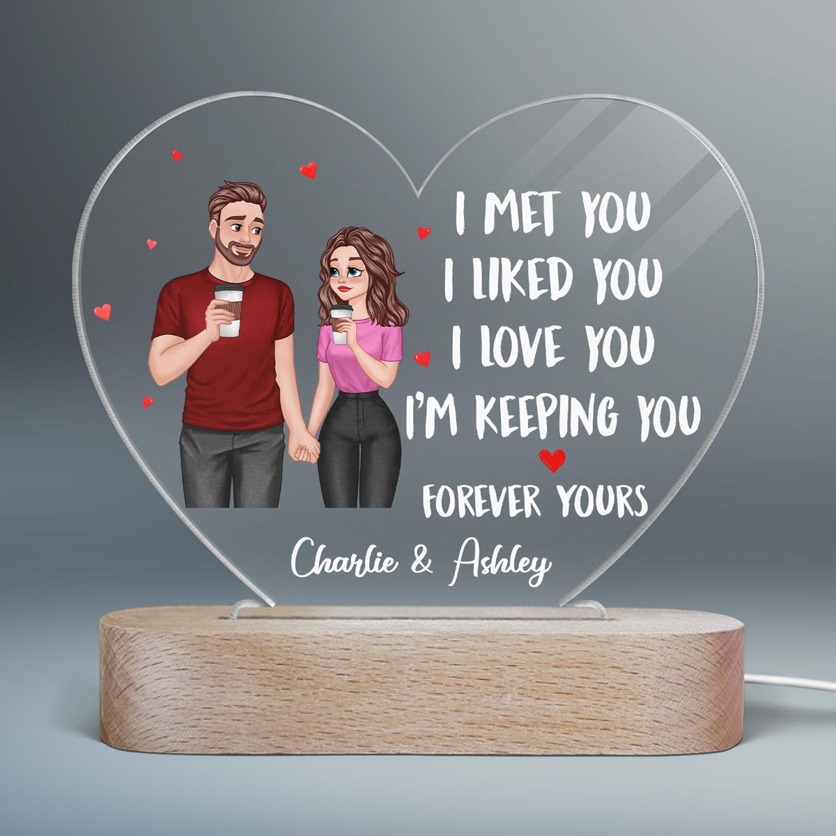 Cartoon Couple Hand In Hand I Met You Like You Love You Gift For Him For Her Personalized Acrylic Heart Plaque With LED Night Light