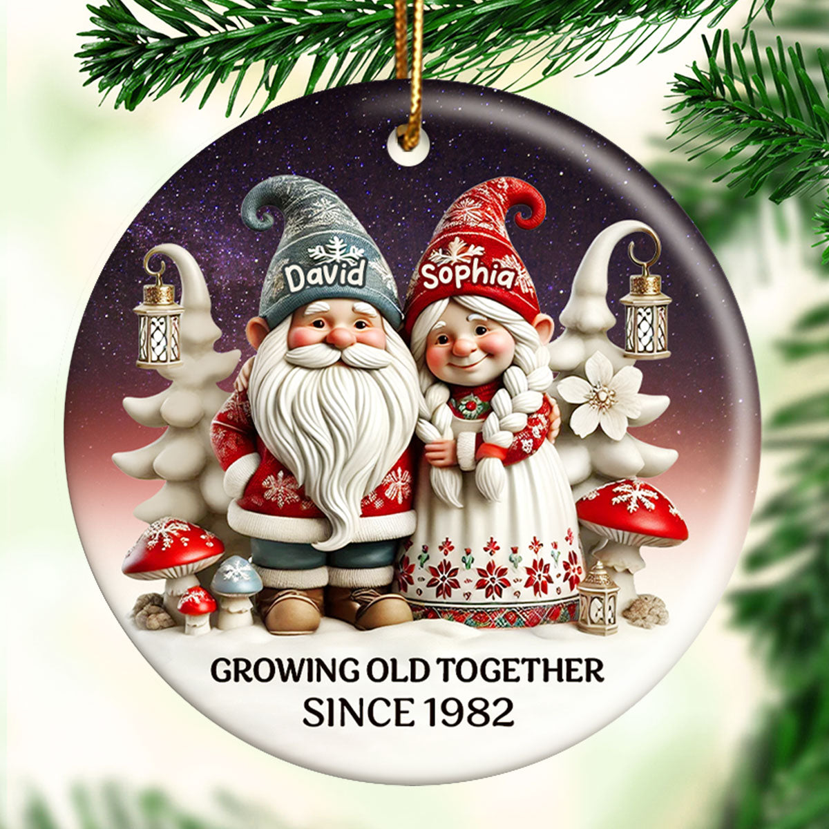 Gnome Couple Together Christmas Personalized Ceramic Ornament, Christmas Gift For Him, For Her, Husband, Wife