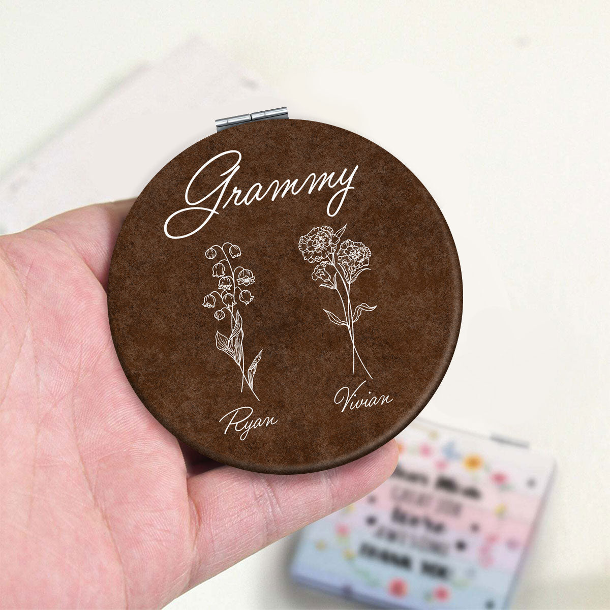Grandma Birth Month Flowers Outline Personalized Circle Compact Mirror, Gift For Mom, For Grandma