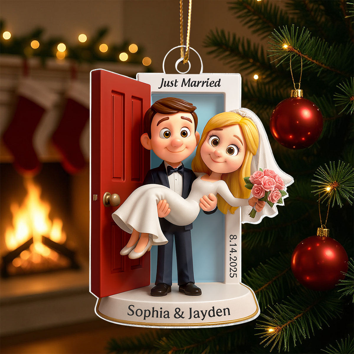 Personalized Our First Christmas Married Ornament | Customized Wedding Couple Threshold, Groom Carrying Bride | Just Married Newlyweds Marriage Keepsake
