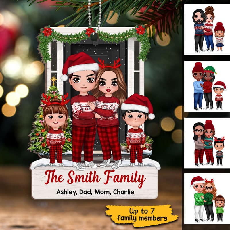 Doll Family Standing At Front Door Christmas Personalized Wooden Ornament