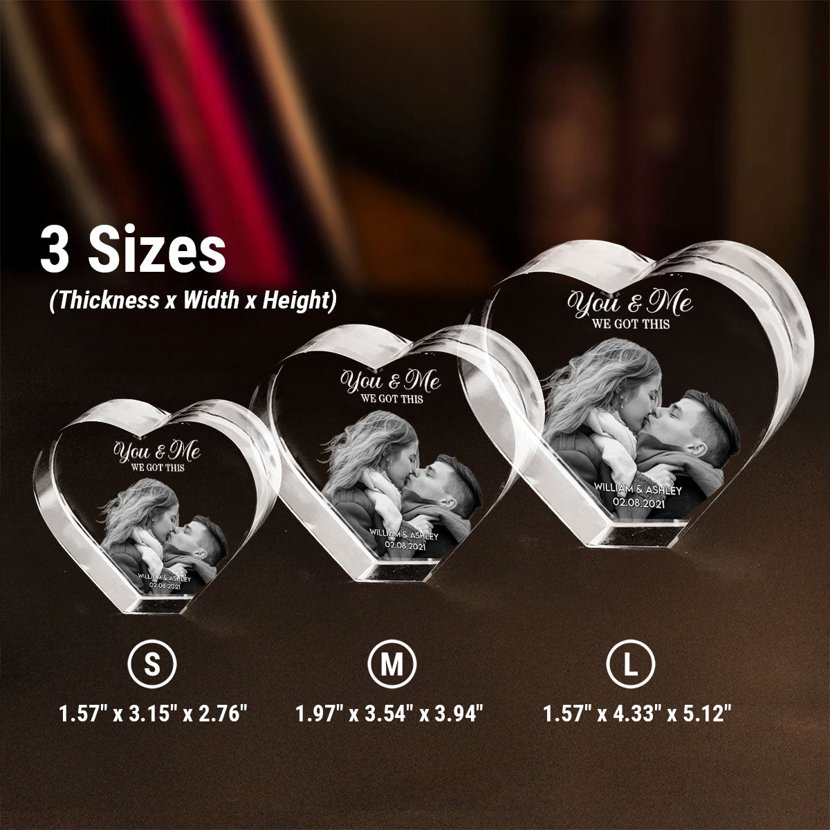 Couple 3D Upload Photo Premium Crystal Heart LED, Personalized Heart Crystal With LED Base Optional, Perfect Valentine's Gift For Couple, For Him, For Her, Free Delivery