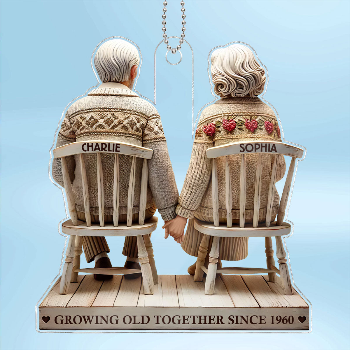 3D Effect Couple Sitting Holding Hands Growing Old Together Personalized Acrylic Car Hanger Ornament, Heartfelt  Gift For Couple, For Him, For Her, Husband, Wife