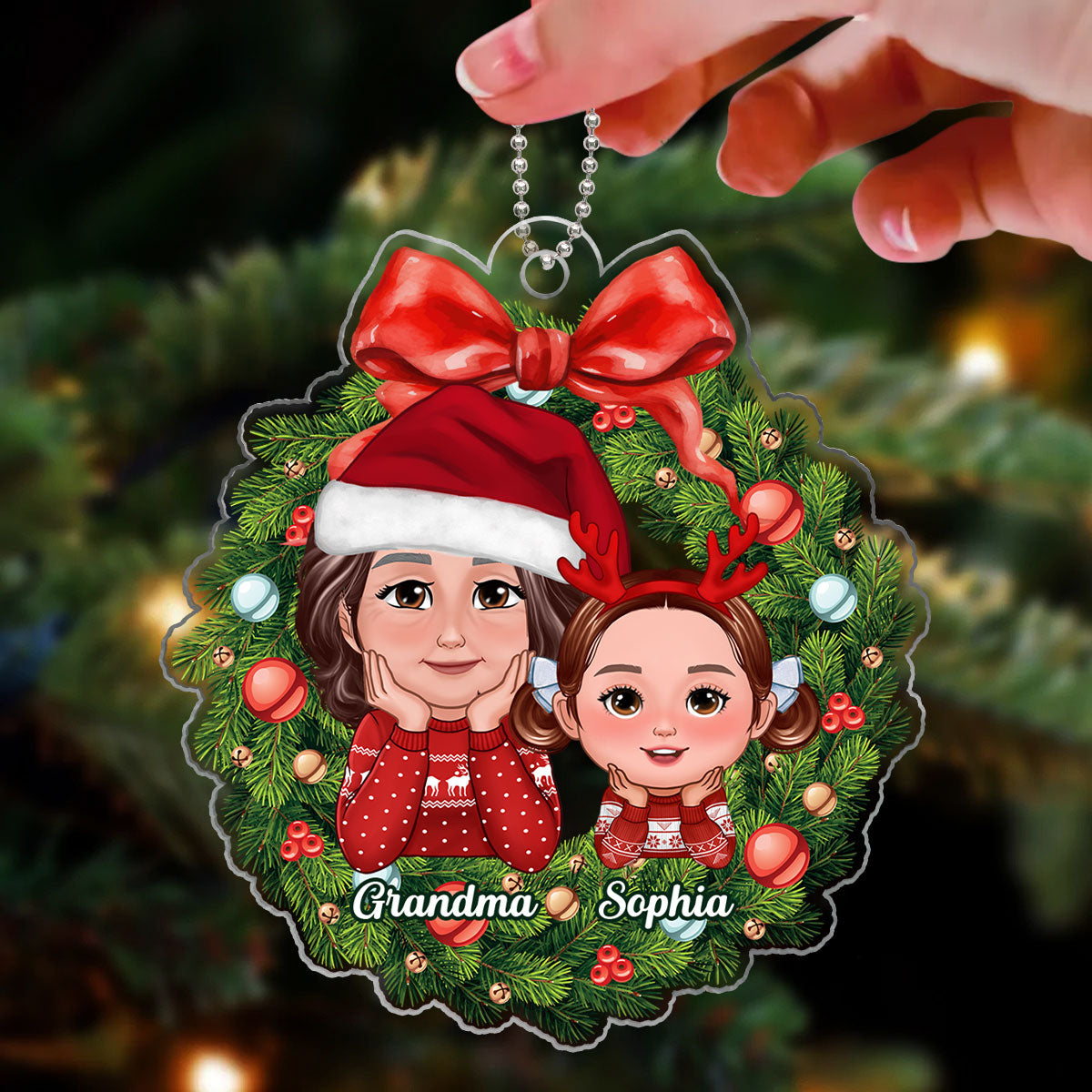 Grandma Grandkids Chin On Hands Christmas Wreath Personalized Acrylic Ornament