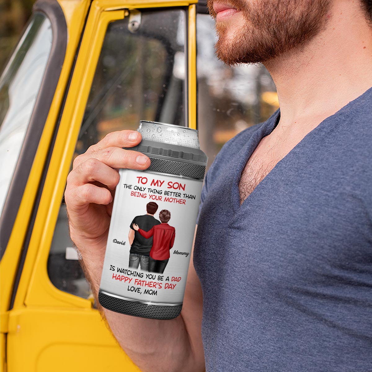 To My Son From Mom Happy Father‘s Day Back View Personalized 4 In 1 Can Cooler