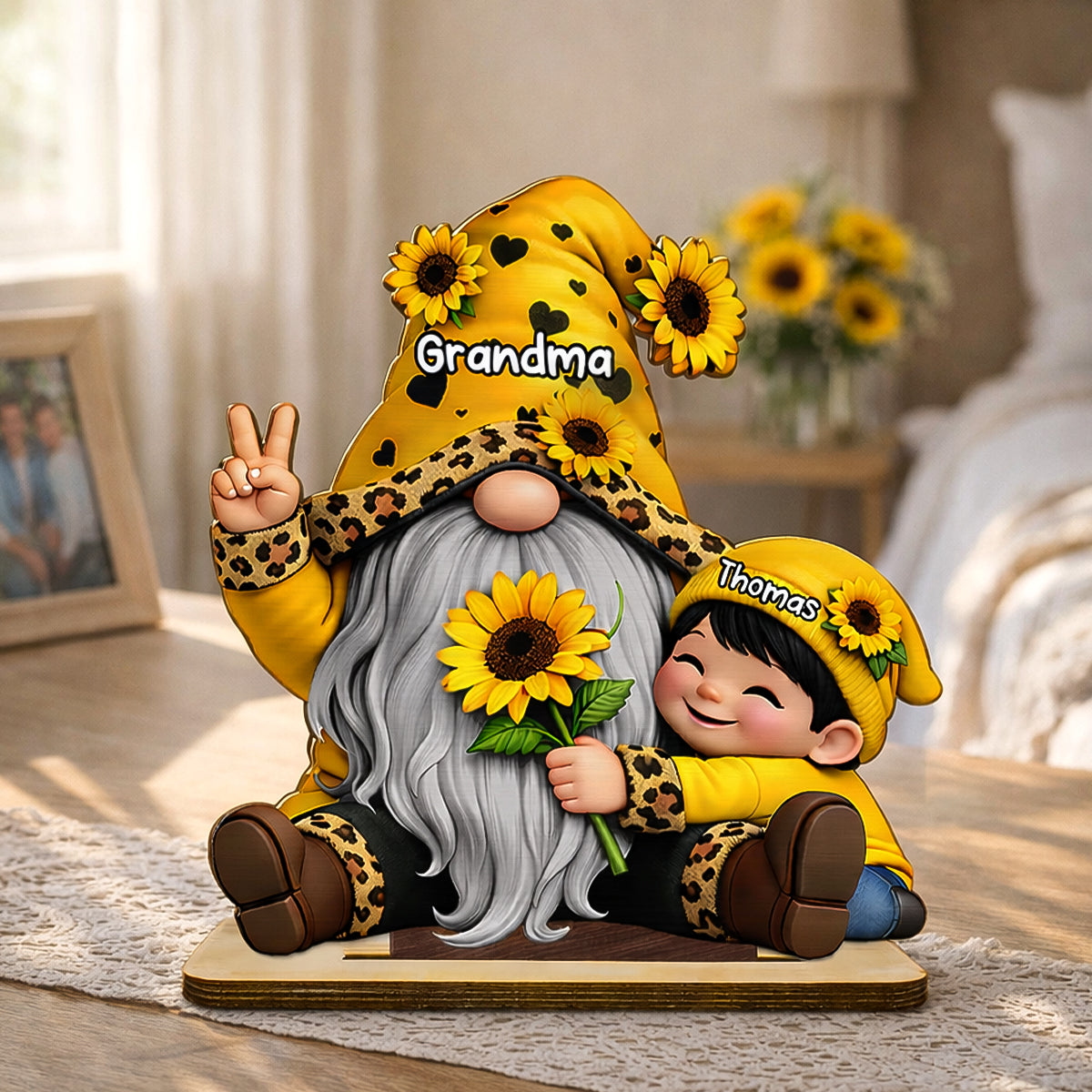 Gnome Grandma & Grandkids Sunflower - Personalized 2-Layered Wooden Plaque - Sentimental Gift for Grandma
