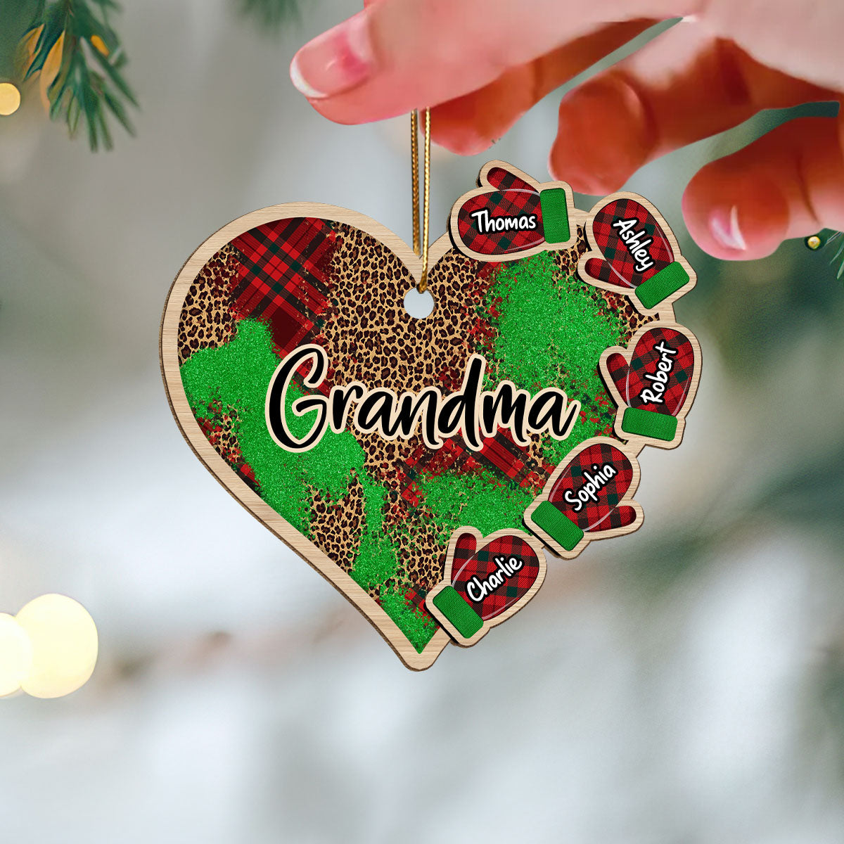 Grandma Grandkids Christmas Gloves Checkered Heart Personalized Wooden Ornament