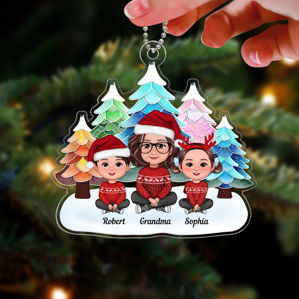 Watercolor Mosaic Christmas Trees Grandma & Grandkids Personalized Acrylic Ornament