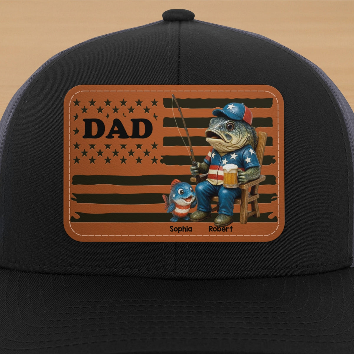 Fishing Dad Nation Flag Personalized Leather Patch Hat, Father's Day gift