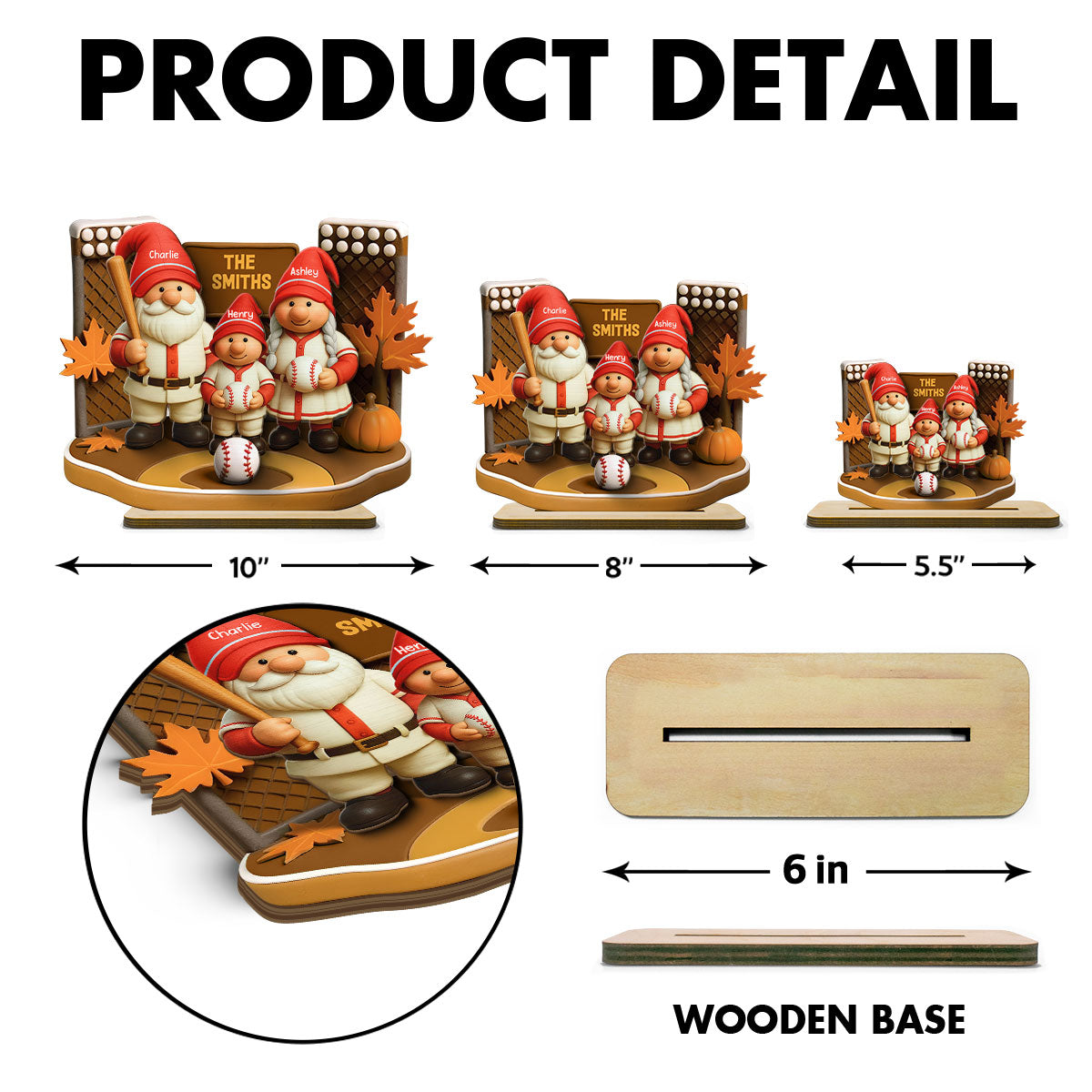 Fall Season Baseball Gnome Family 3D Effect Personalized Standing Wooden Plaque